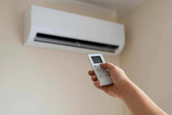 the hand of a person using an AC control remote to adjust the temperature from Cristal Air Conditioning Repair in West Lake Hills, TX - Residential Air Conditioning Company the hand of a person using an AC control remote to adjust the temperature from Cristal Air Conditioning Repair in West Lake Hills, TX - Residential Air Conditioning Company