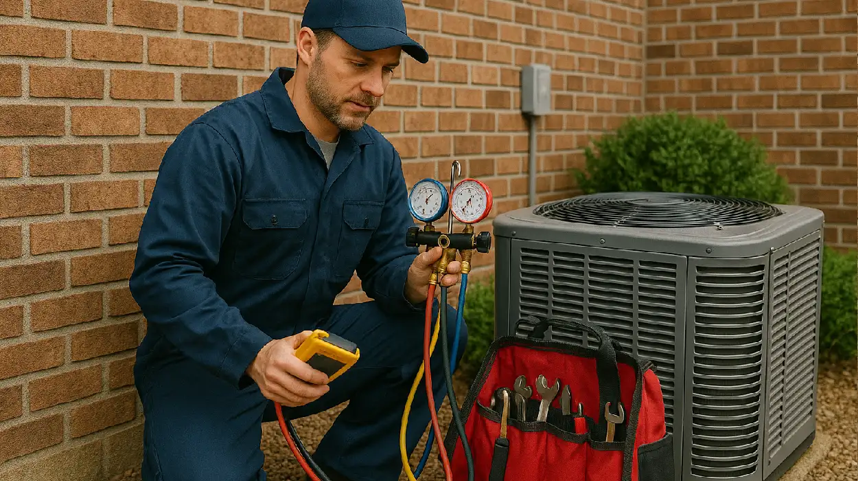 a hvac technician with his tools checking an outside ac unite from Cristal Air Conditioning Repair in West Lake Hills, TX - residential air conditioning repair