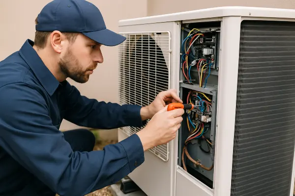a hvac technician using a scredriver to check the wires of an ac unite from Cristal Air Conditioning Repair in West Lake Hills, TX - residential air conditioning repair